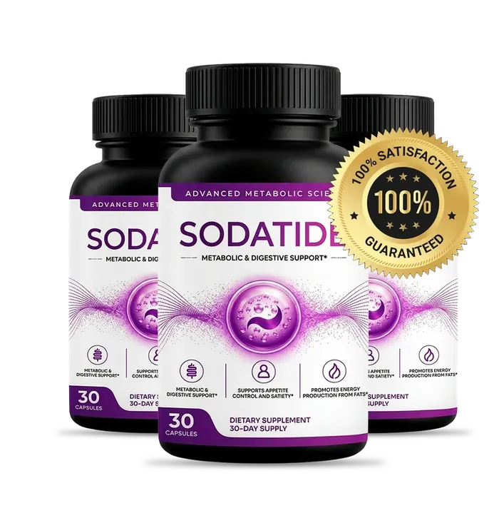 Three black Sodatide bottles with a gold satisfaction seal