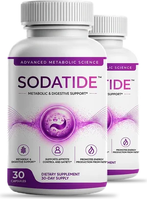 Two white Sodatide bottles with purple labels: Advanced Metabolic Science, Sodatide, Metabolic & Digestive Support, supports appetite control and satiety, promotes energy production from fats, 30 capsules, dietary supplement, 30-day supply
