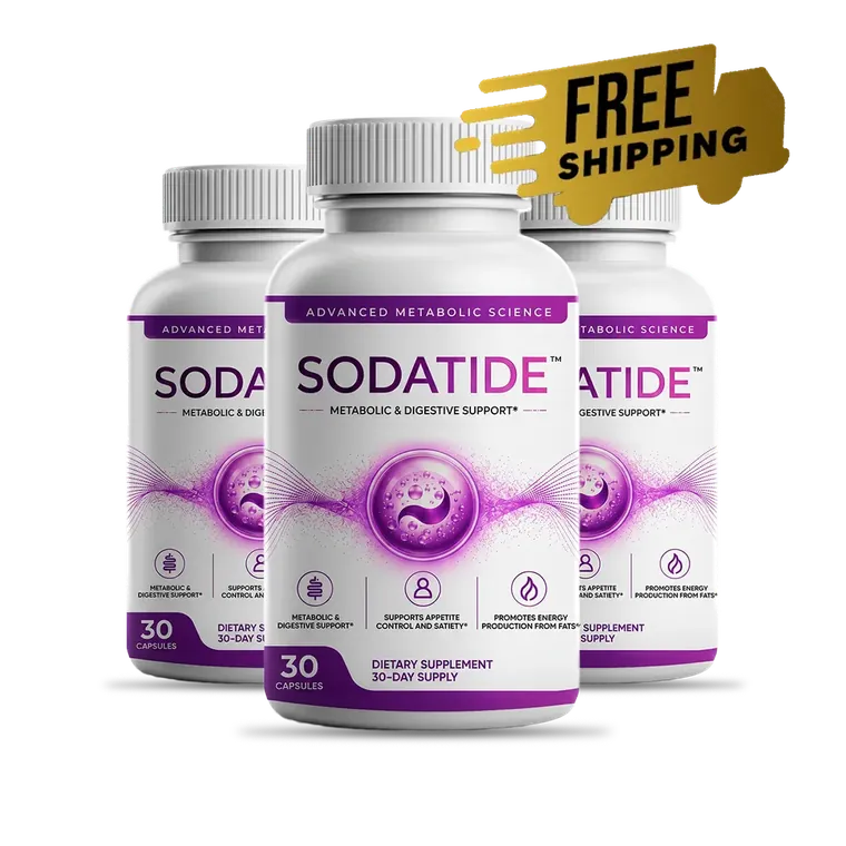 Three white Sodatide bottles with a free shipping tag (brand artwork)