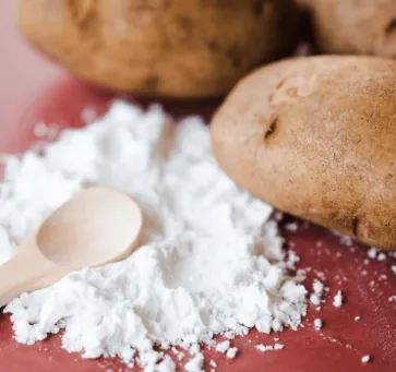 Raw potatoes next to white potato starch on a wooden scoop