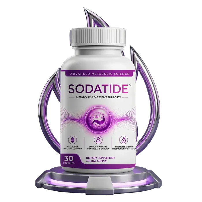 A white Sodatide bottle on a display stand, front label facing out