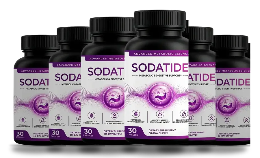 Six Sodatide bottles in a row
