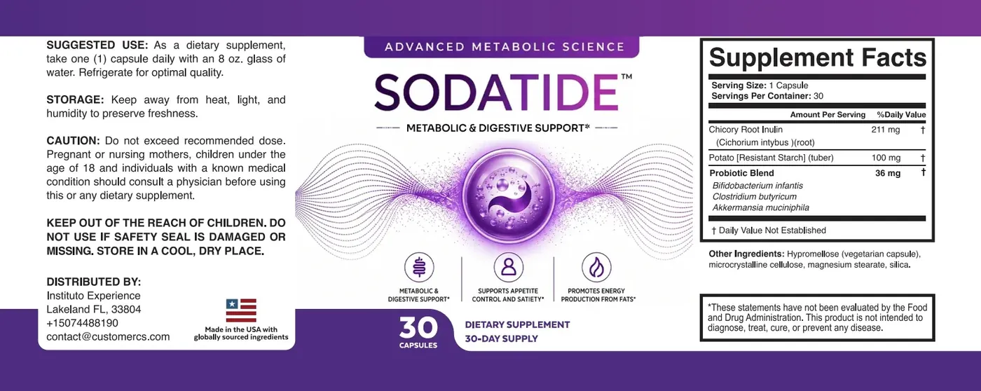 The full flat Sodatide label: suggested use, storage, caution, distributor, the purple front panel with three claims, and the Supplement Facts panel with chicory root inulin 211 mg, potato resistant starch 100 mg and a 36 mg probiotic blend